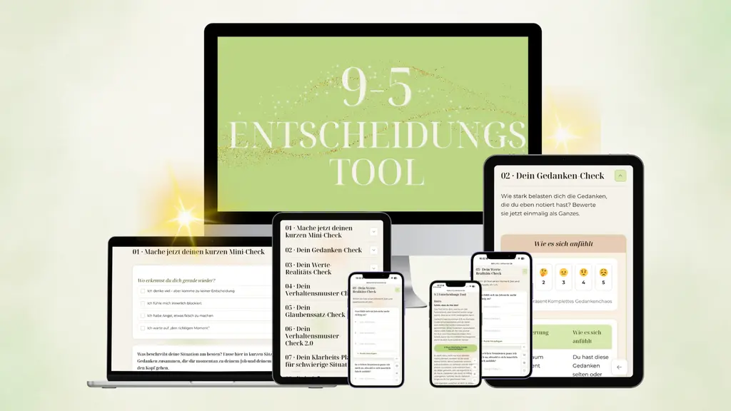9-5 Entscheidungs-Tool — interaktives digitales Workbook im Klarheits-Dashboard: Kündigen, bleiben oder gesund abgrenzen?